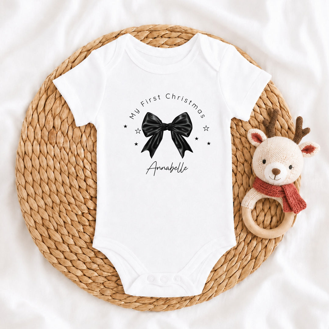 Personalised Black Bow My First Christmas Baby Grow, Vest or Bib