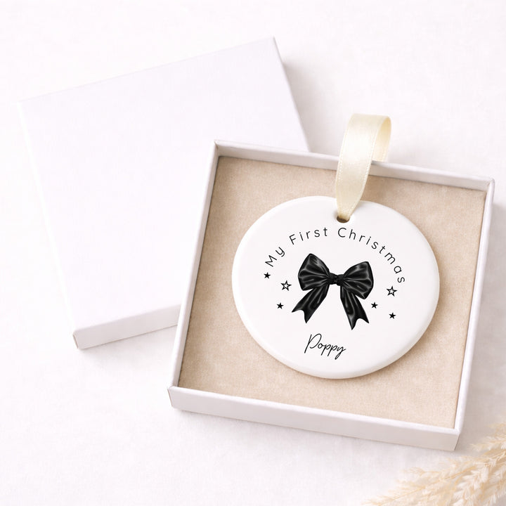 Personalised Black Bow Ceramic My First Christmas Bauble