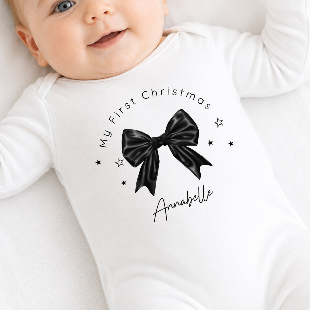 Personalised Black Bow My First Christmas Baby Grow, Vest or Bib