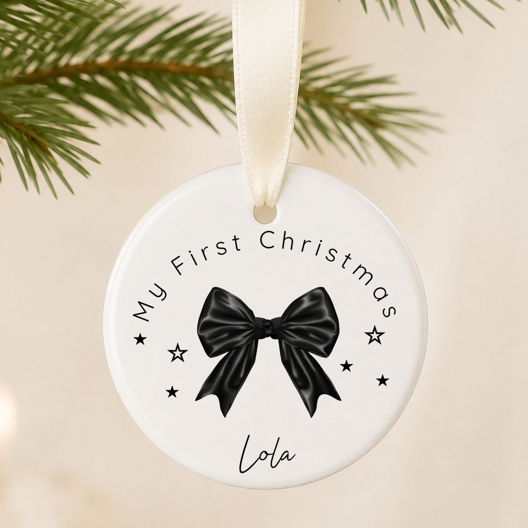 Personalised Black Bow Ceramic My First Christmas Bauble
