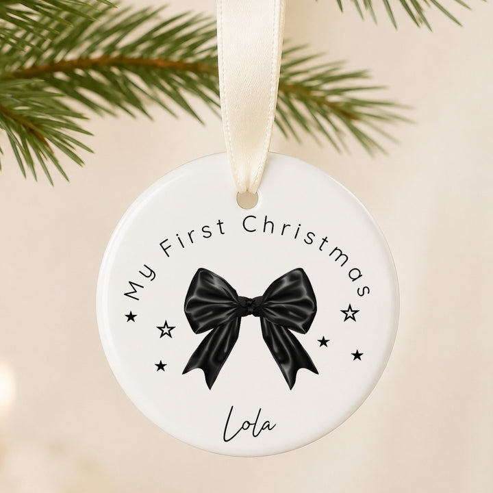 Personalised Black Bow Ceramic My First Christmas Bauble