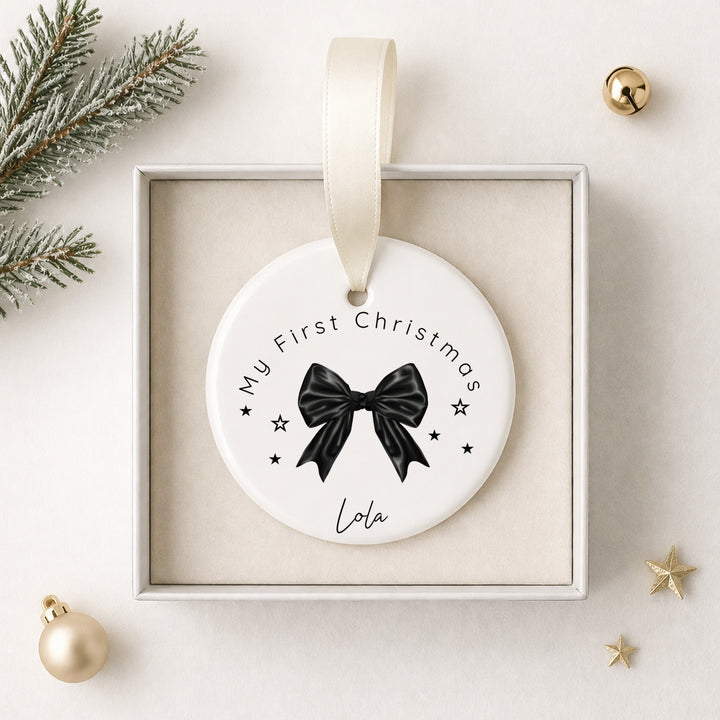 Personalised Black Bow Ceramic My First Christmas Bauble