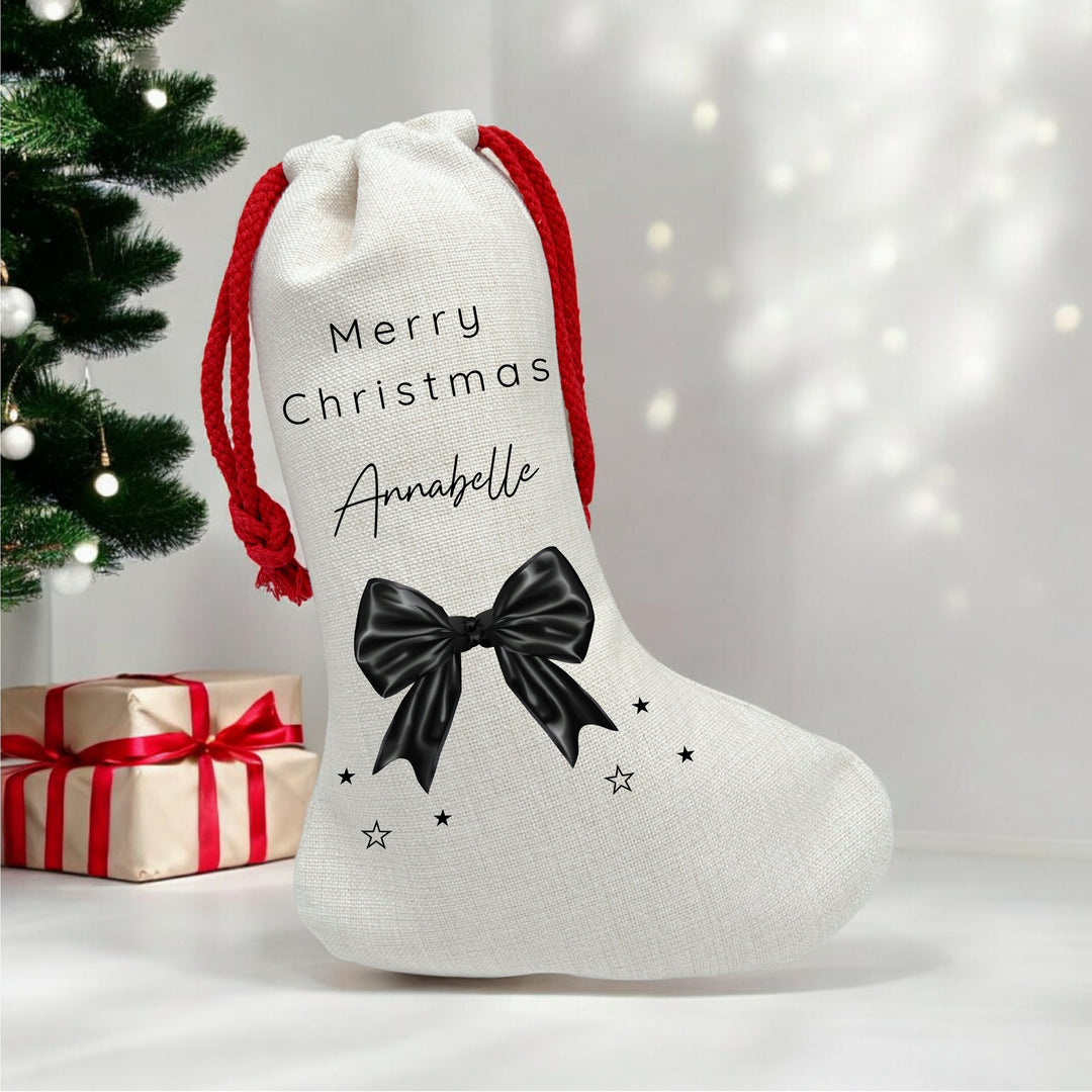 Personalised Black Bow Merry Christmas Santa Sack or Stocking