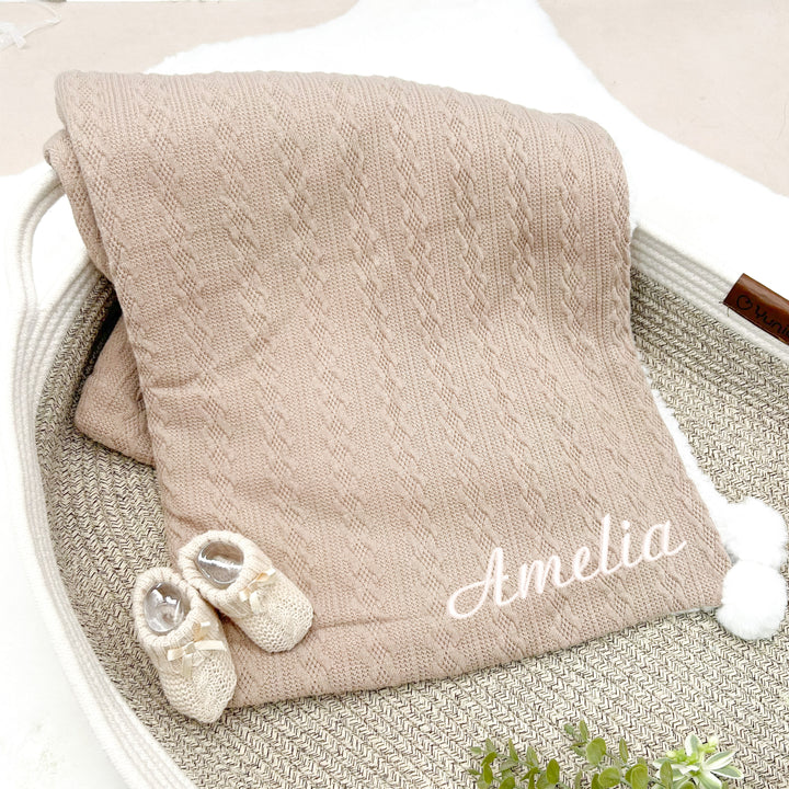 Personalised Embroidered Coffee Pink Knitted Pompom Blanket