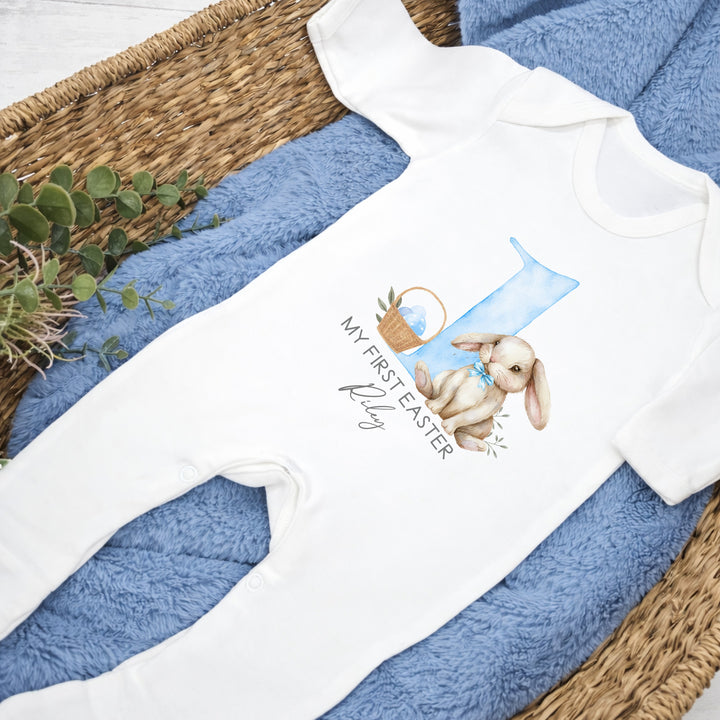 Personalised Blue Bunny My First Easter Baby Grow, Vest or Bib