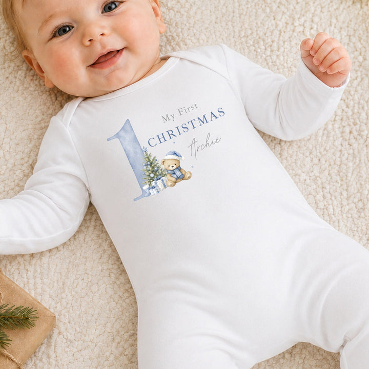 Personalised Blue Bear My 1st Christmas Baby Grow Or Vest