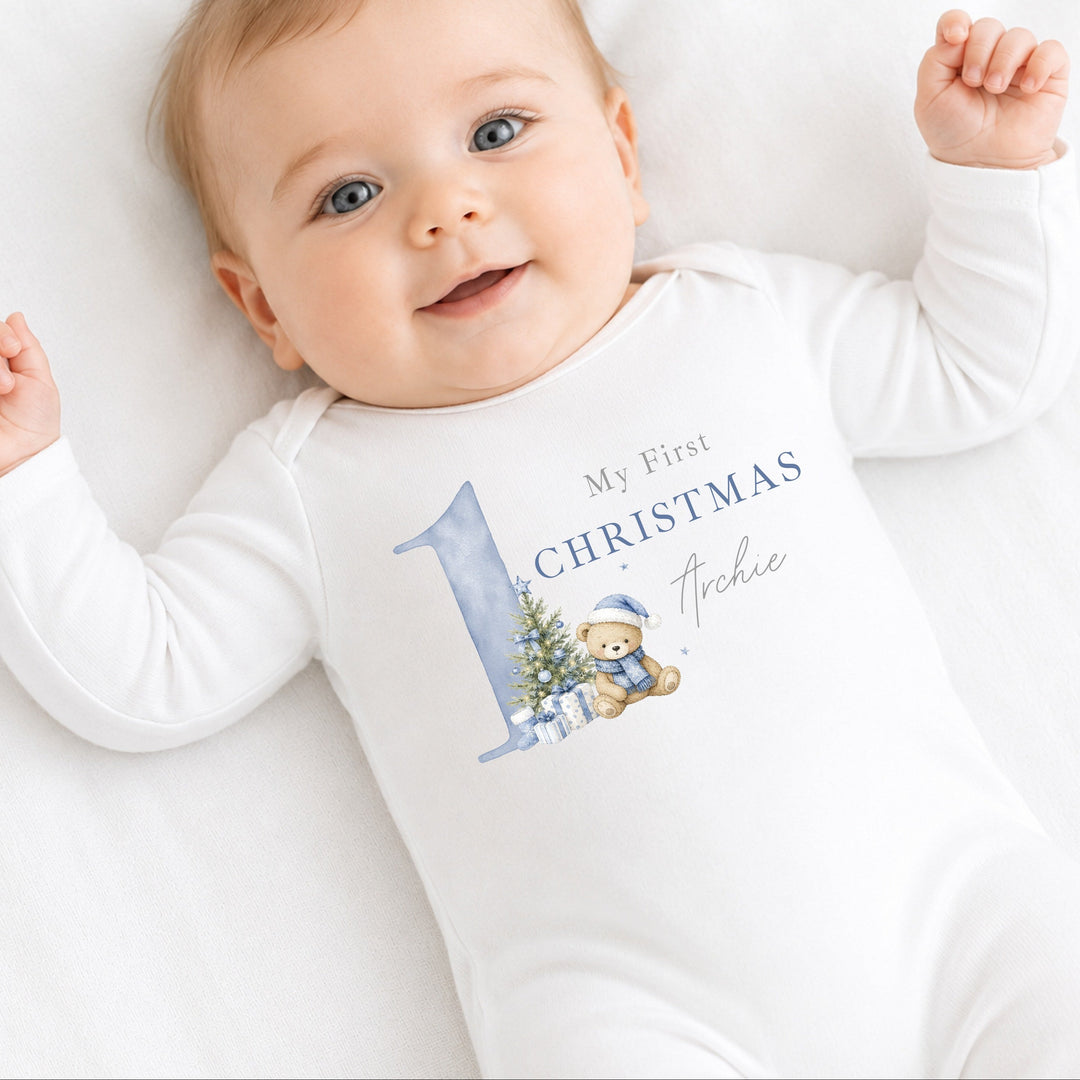 Personalised Blue Bear My 1st Christmas Baby Grow Or Vest