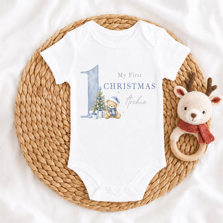 Personalised Blue Bear My 1st Christmas Baby Grow Or Vest