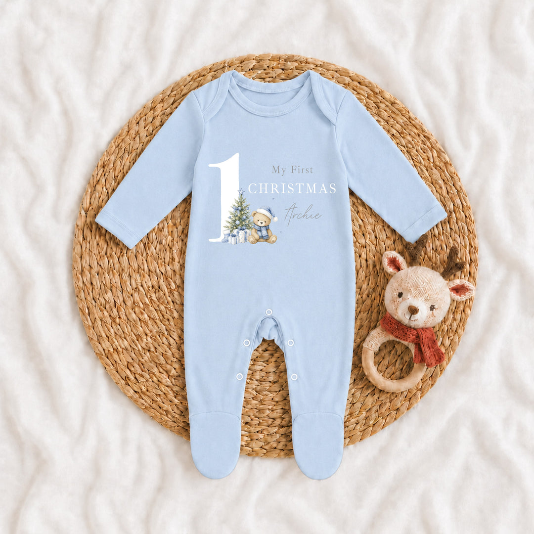 Personalised Blue Bear My 1st Christmas Baby Grow Or Vest