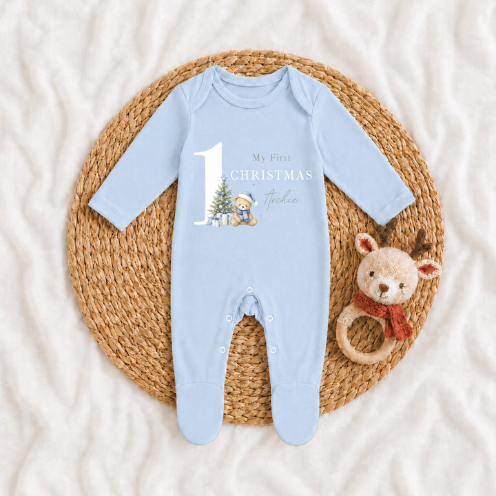 Personalised Blue Bear My 1st Christmas Baby Grow Or Vest