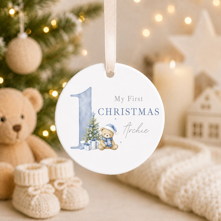 Personalised Blue Bear My 1st Christmas Ceramic Bauble