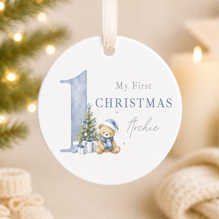 Personalised Blue Bear My 1st Christmas Ceramic Bauble