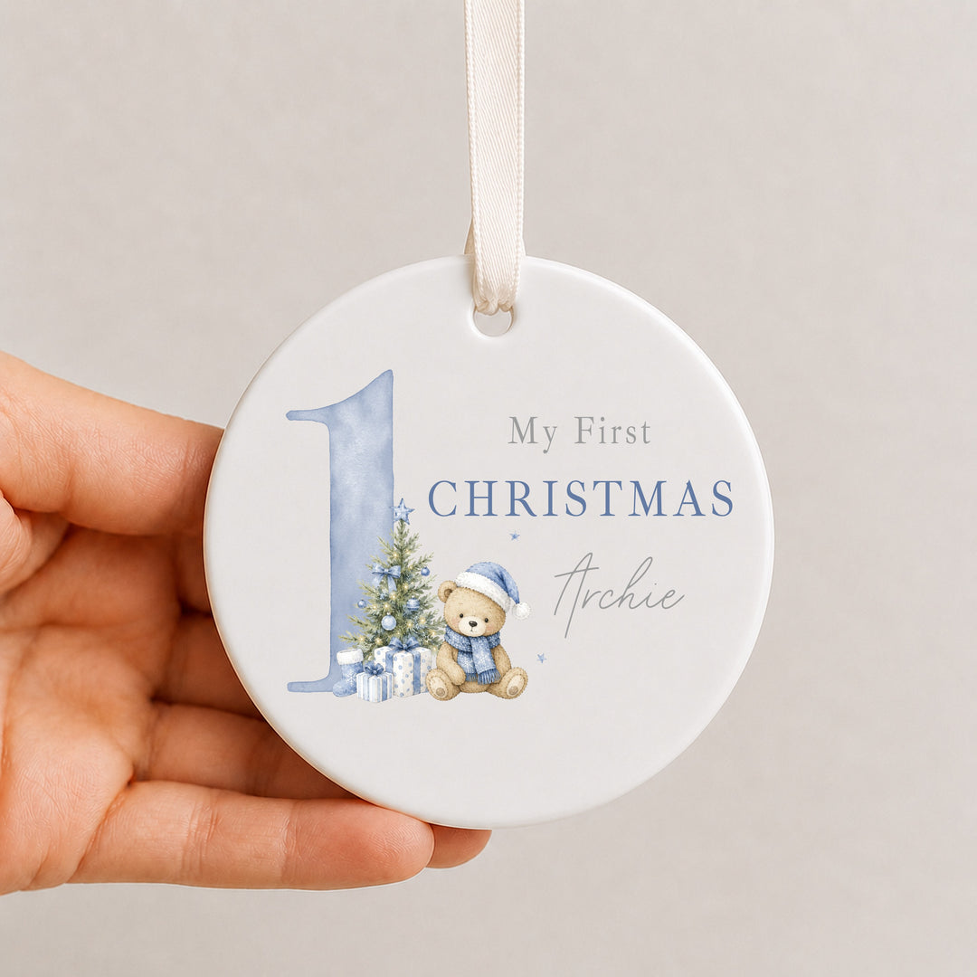 Personalised Blue Bear My 1st Christmas Ceramic Bauble