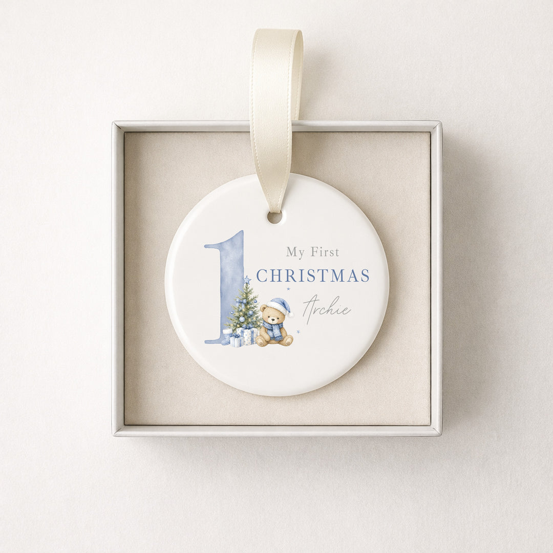 Personalised Blue Bear My 1st Christmas Ceramic Bauble