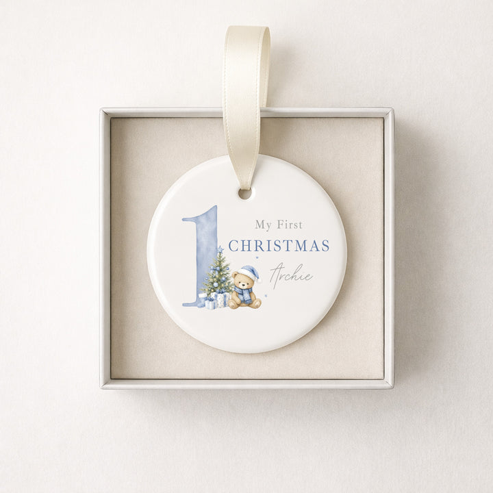 Personalised Blue Bear My 1st Christmas Ceramic Bauble