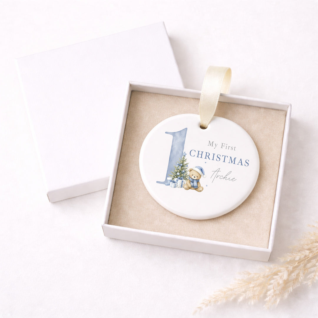 Personalised Blue Bear My 1st Christmas Ceramic Bauble