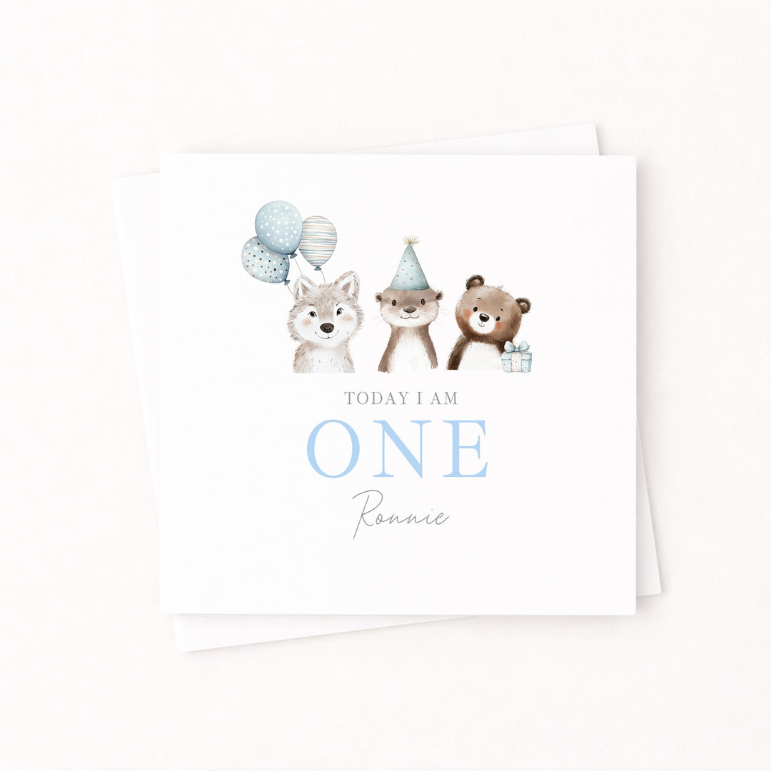 Personalised Blue Party Animals Birthday Card