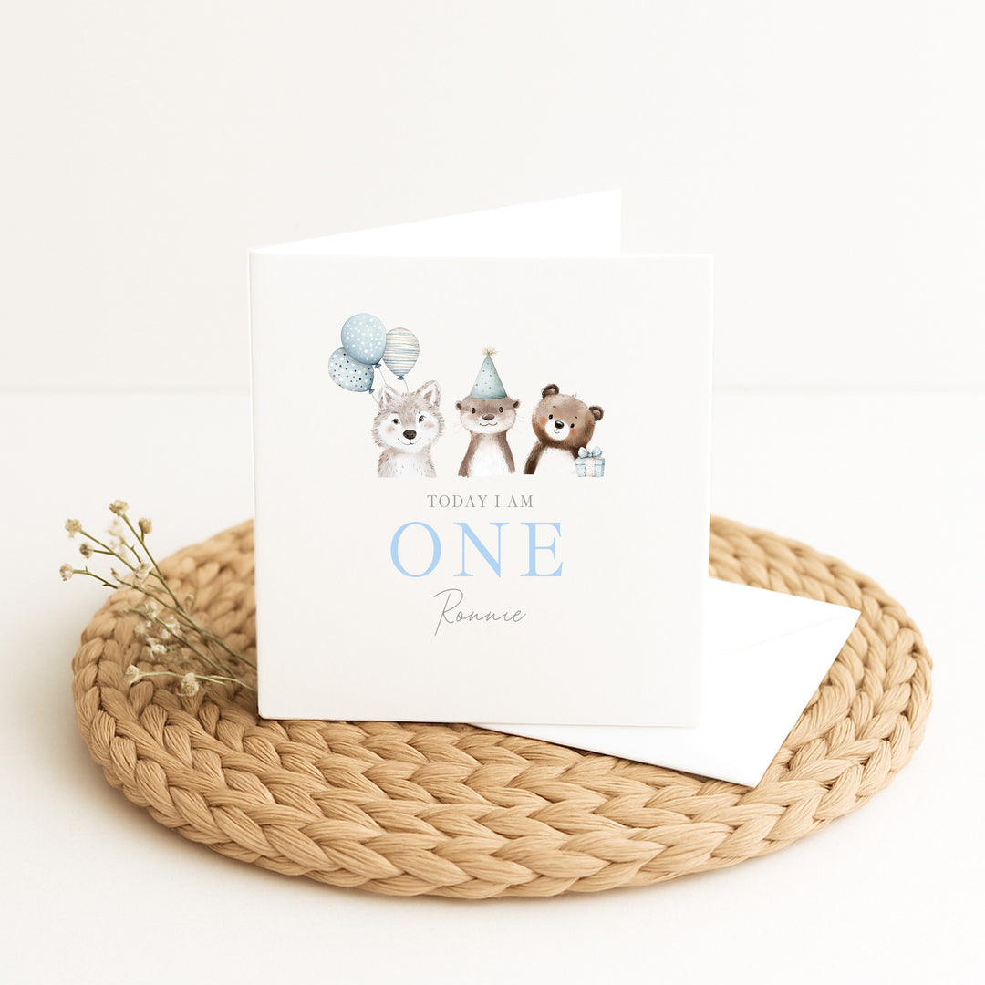 Personalised Blue Party Animals Birthday Card