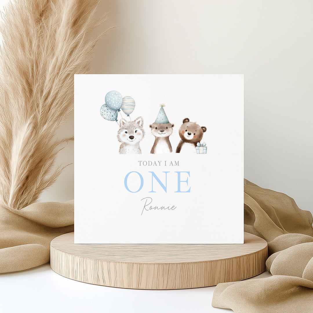 Personalised Blue Party Animals Birthday Card