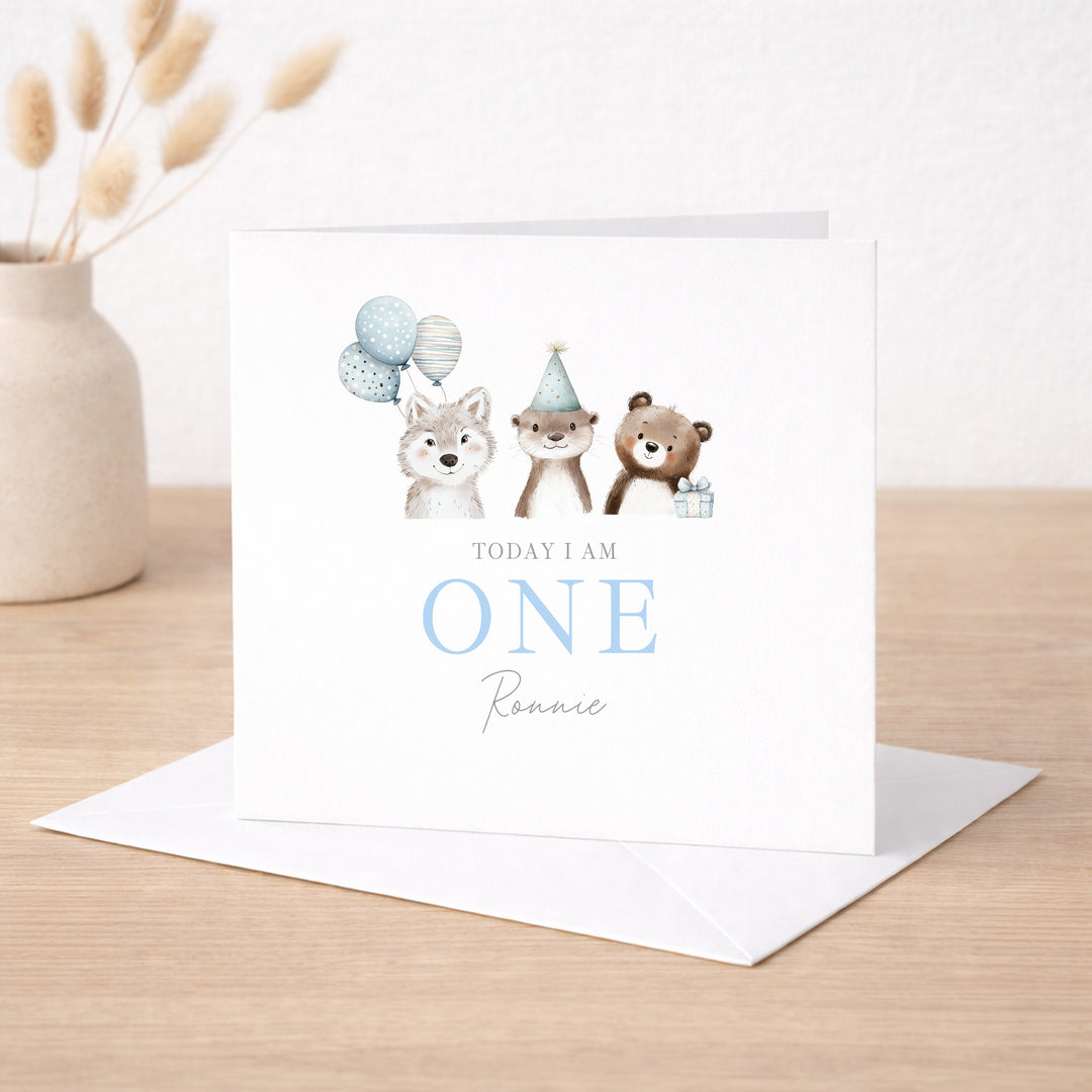 Personalised Blue Party Animals Birthday Card