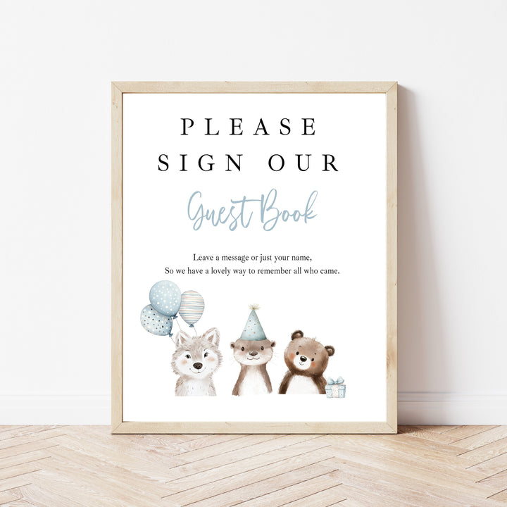 Personalised Blue Party Animals First Birthday Guest Book