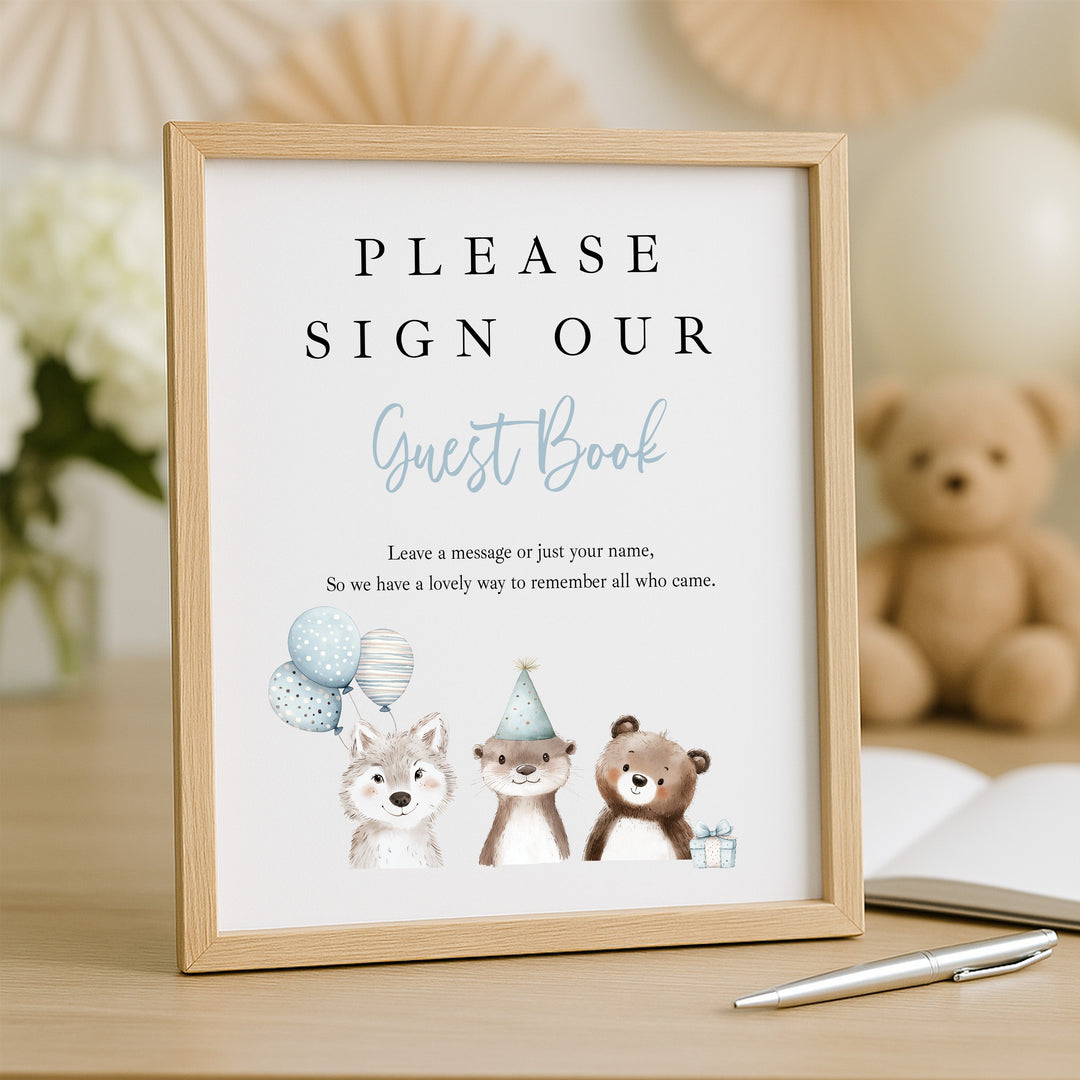 Personalised Blue Party Animals First Birthday Guest Book