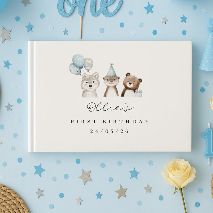 Personalised Blue Party Animals First Birthday Guest Book