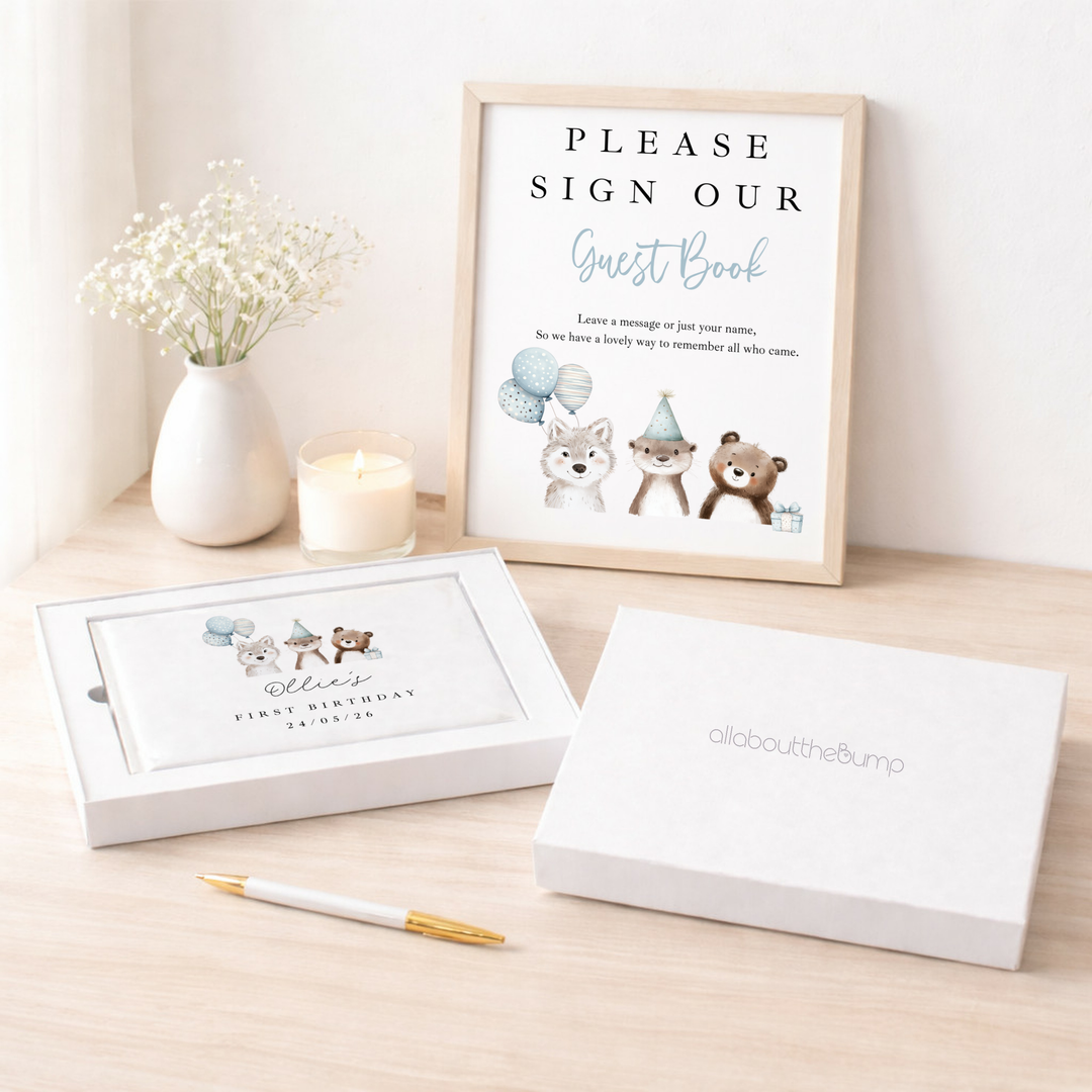 Personalised Blue Party Animals First Birthday Guest Book