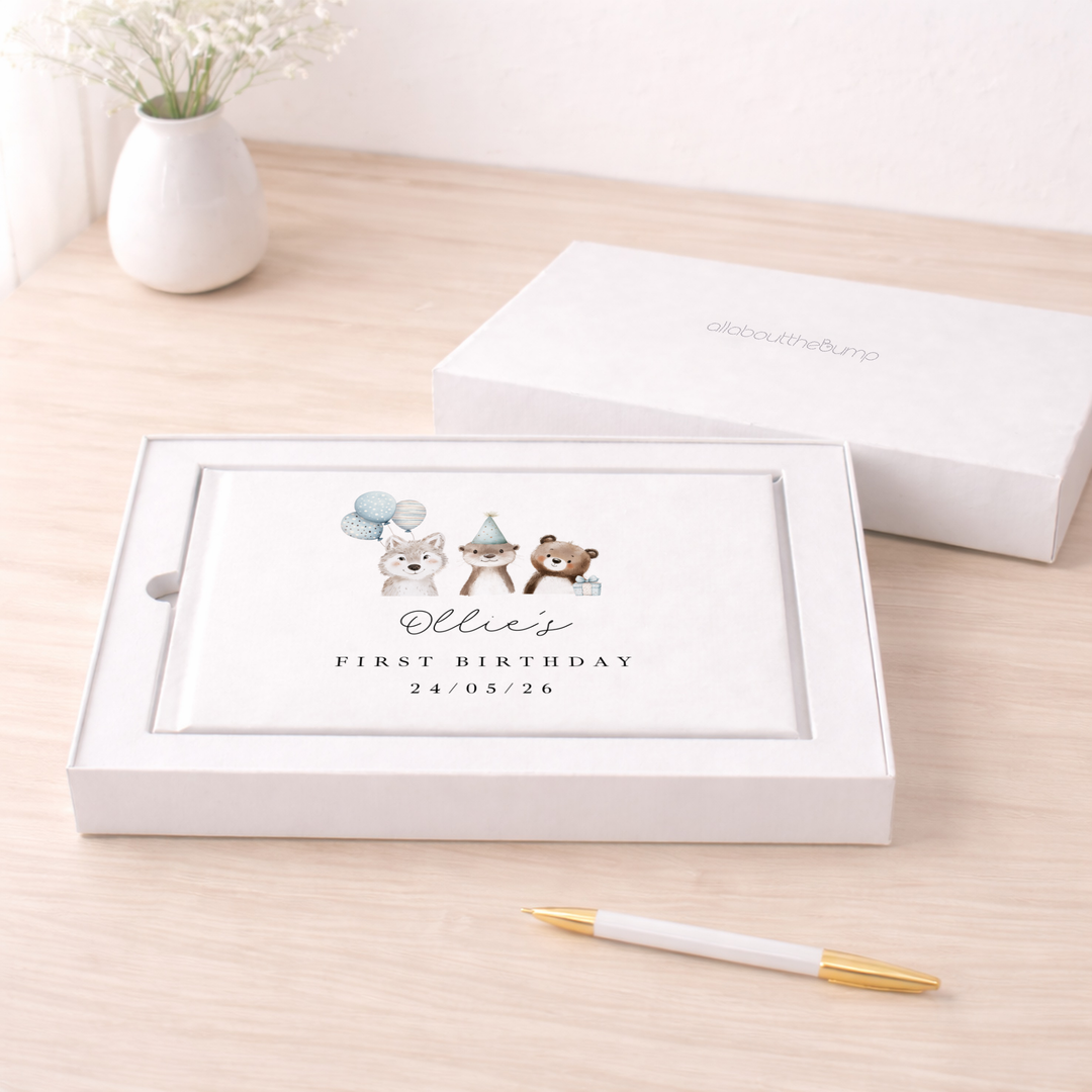Personalised Blue Party Animals First Birthday Guest Book