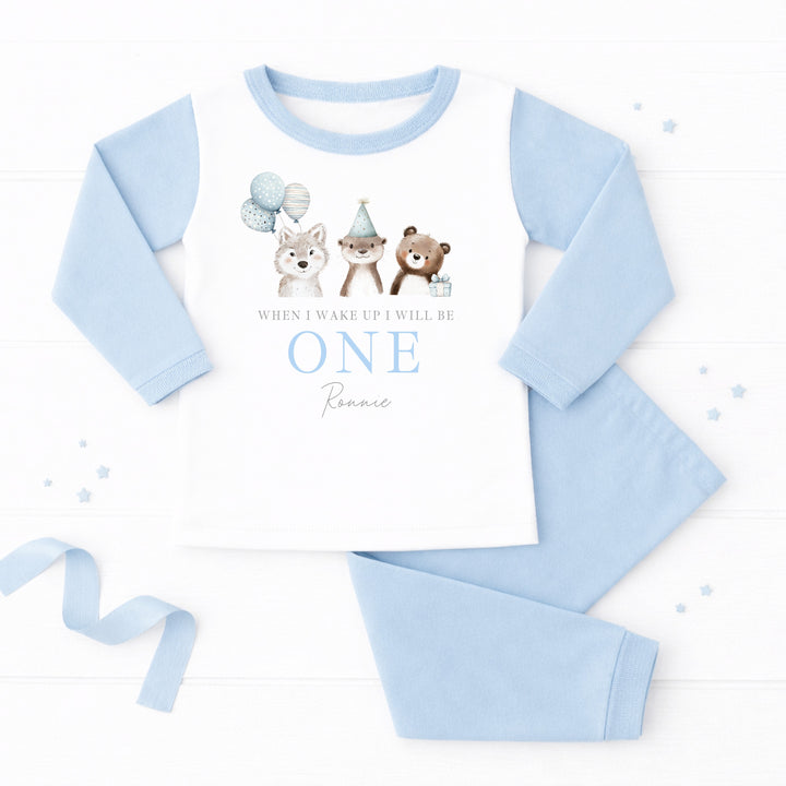 Personalised Blue Animals When I Wake Up I Will Be One Birthday Pyjamas