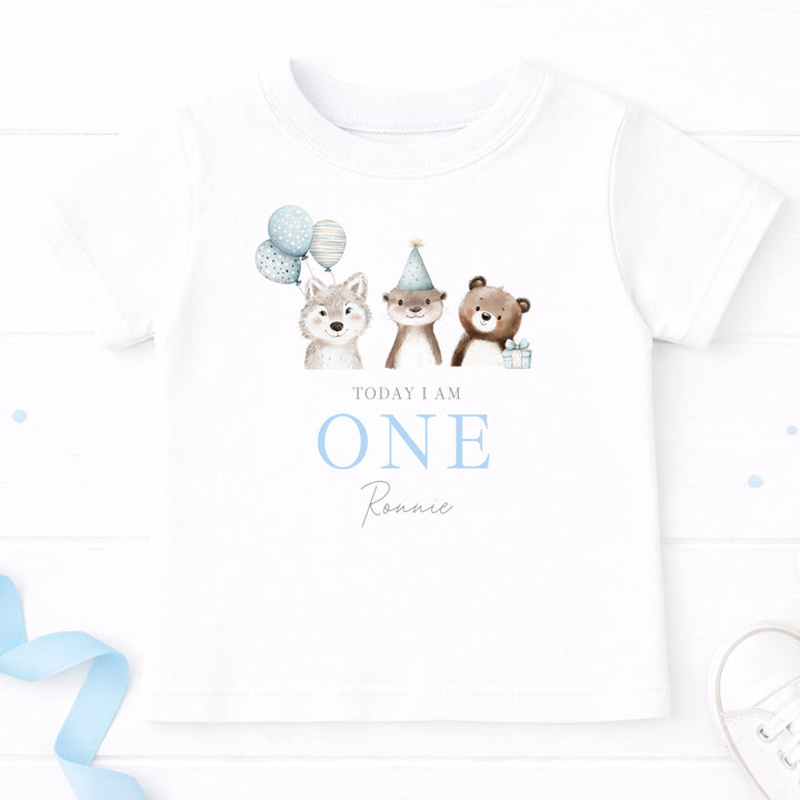 Personalised Blue Animals Today I Am One Birthday T-Shirt
