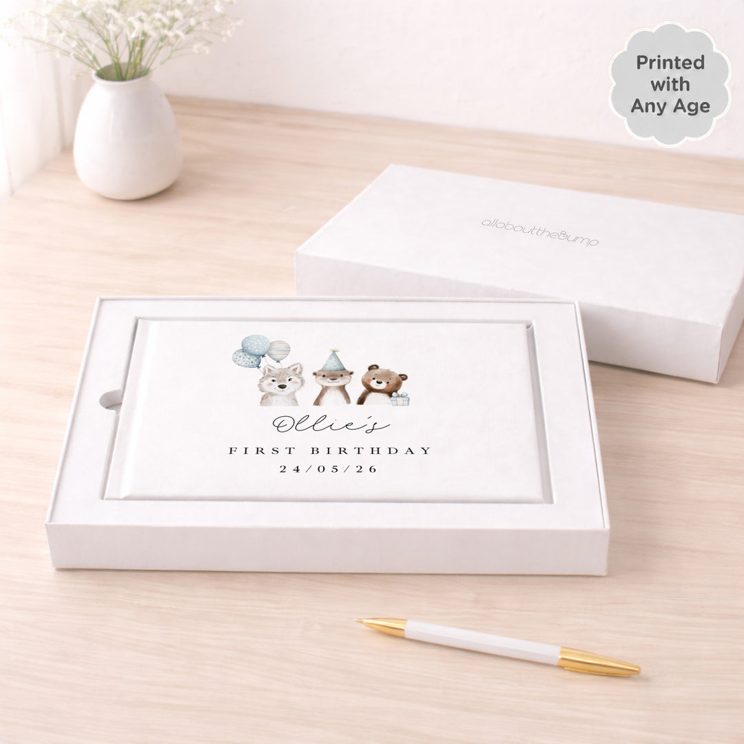 Personalised Blue Party Animals Any Age Birthday Guest Book