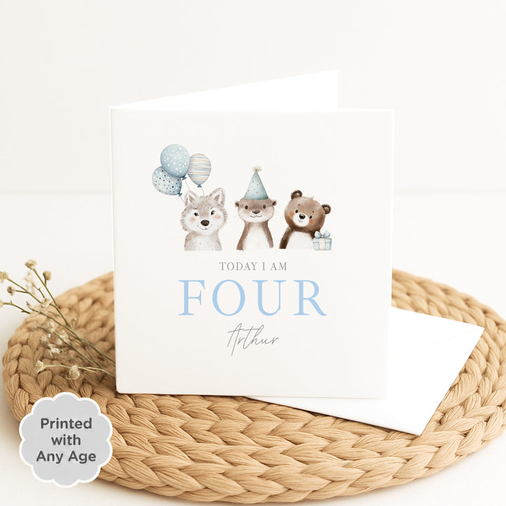 Personalised Blue Party Animals Any Age Birthday Card