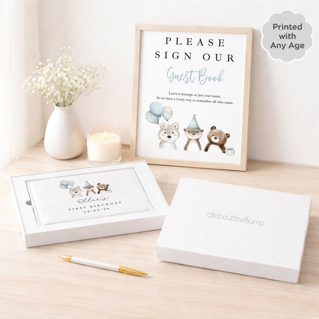 Personalised Blue Party Animals Any Age Birthday Guest Book