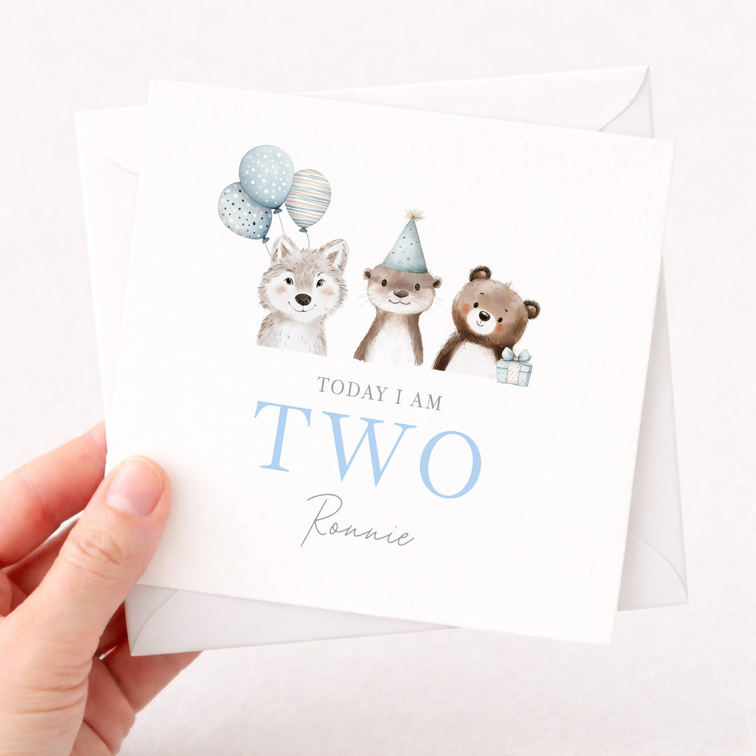 Personalised Blue Party Animals Any Age Birthday Card