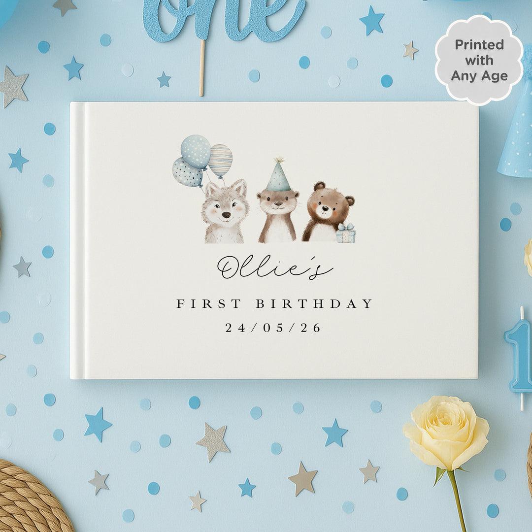 Personalised Blue Party Animals Any Age Birthday Guest Book
