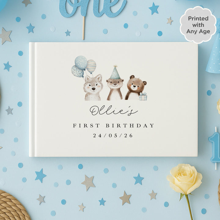 Personalised Blue Party Animals Any Age Birthday Guest Book