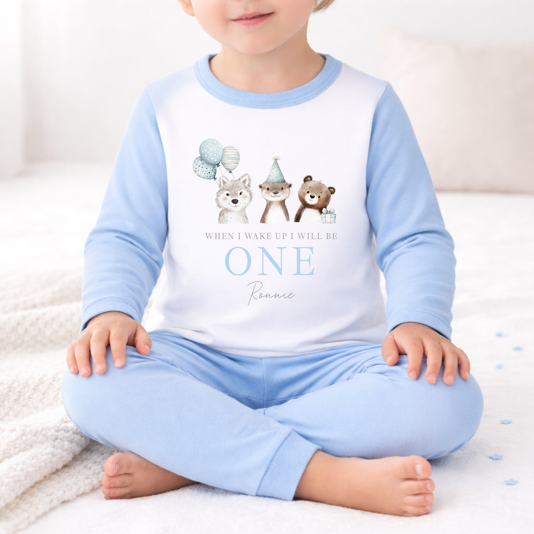 Personalised Blue Animals When I Wake Up I Will Be One Birthday Pyjamas