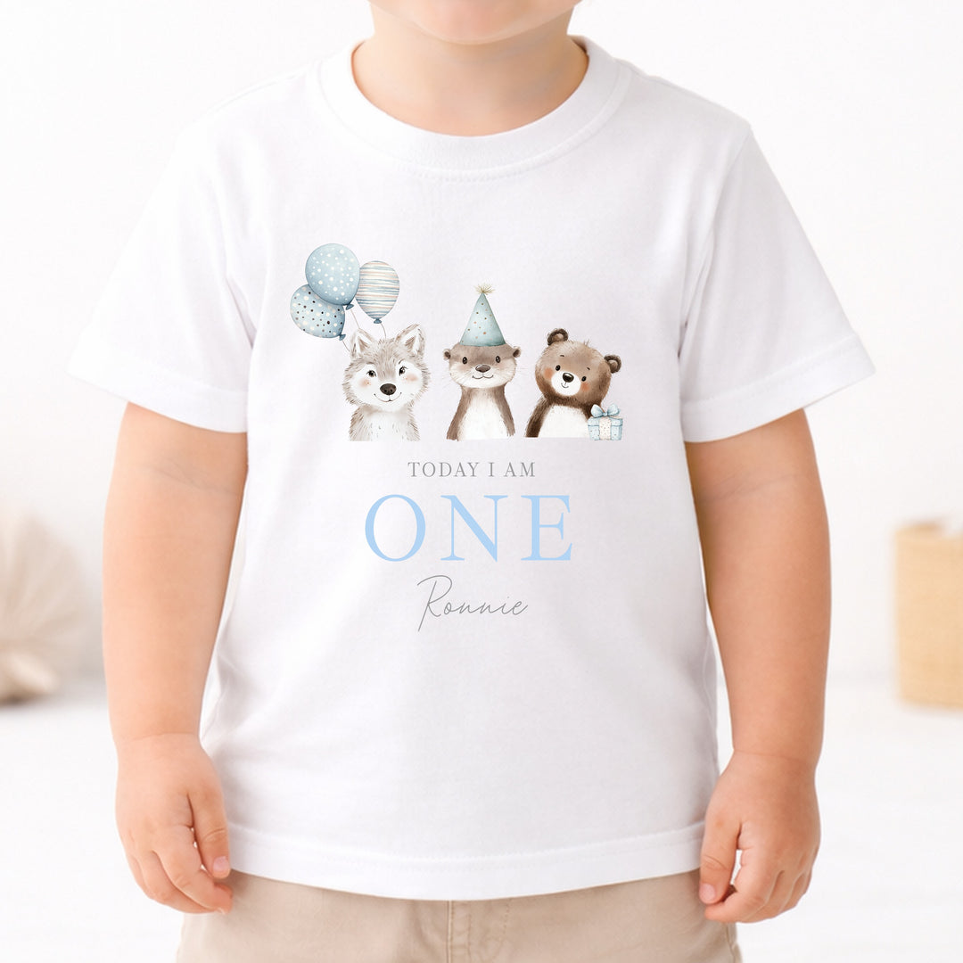 Personalised Blue Animals Today I Am One Birthday T-Shirt