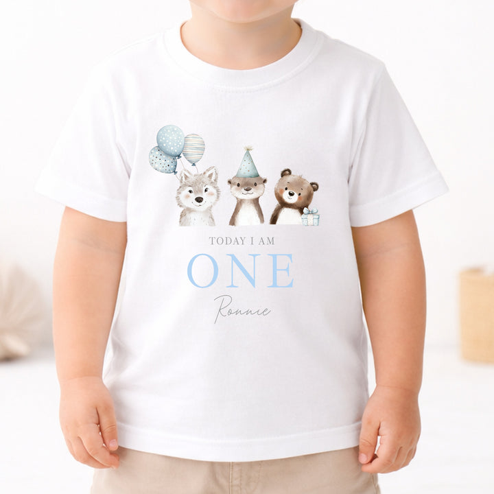 Personalised Blue Animals Today I Am One Birthday T-Shirt