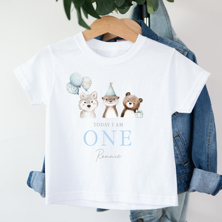 Personalised Blue Animals Today I Am One Birthday T-Shirt