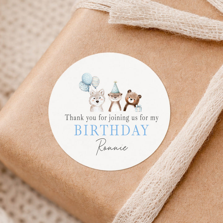 Personalised Blue Party Animals Birthday Stickers