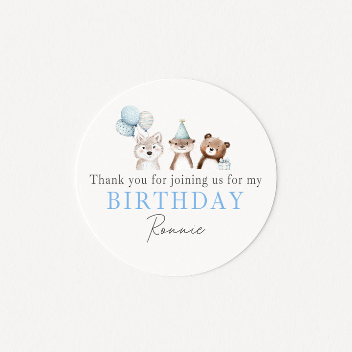 Personalised Blue Party Animals Birthday Stickers