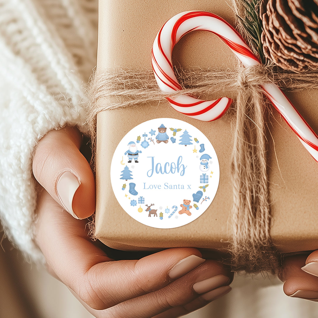 Personalised Blue Wreath Christmas Stickers