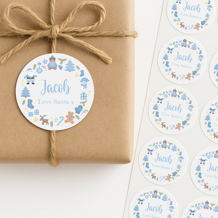 Personalised Blue Wreath Christmas Stickers