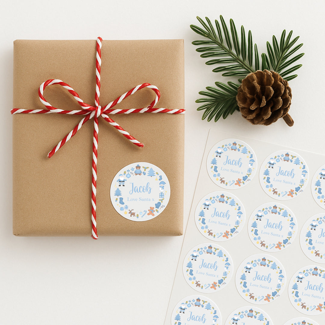 Personalised Blue Wreath Christmas Stickers