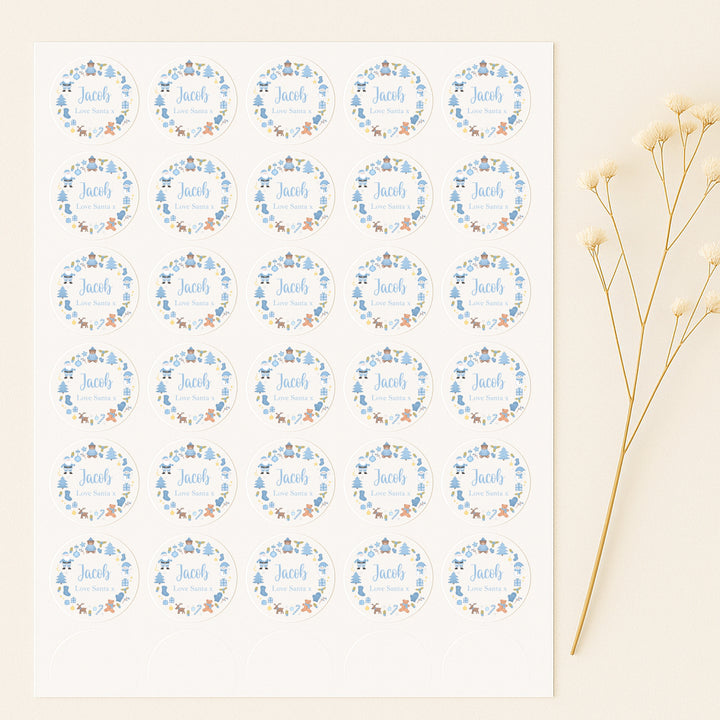 Personalised Blue Wreath Christmas Stickers