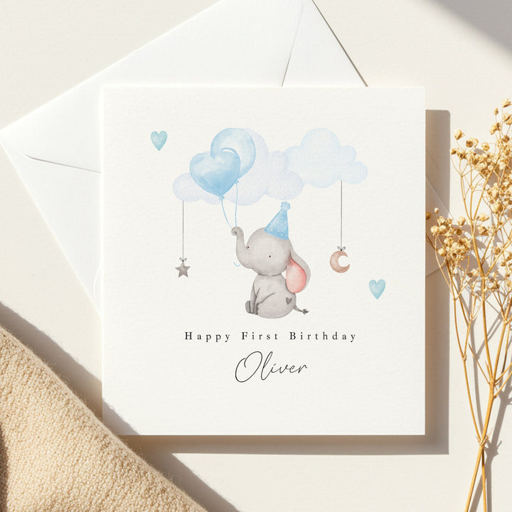 Personalised Blue Elephant Birthday Card