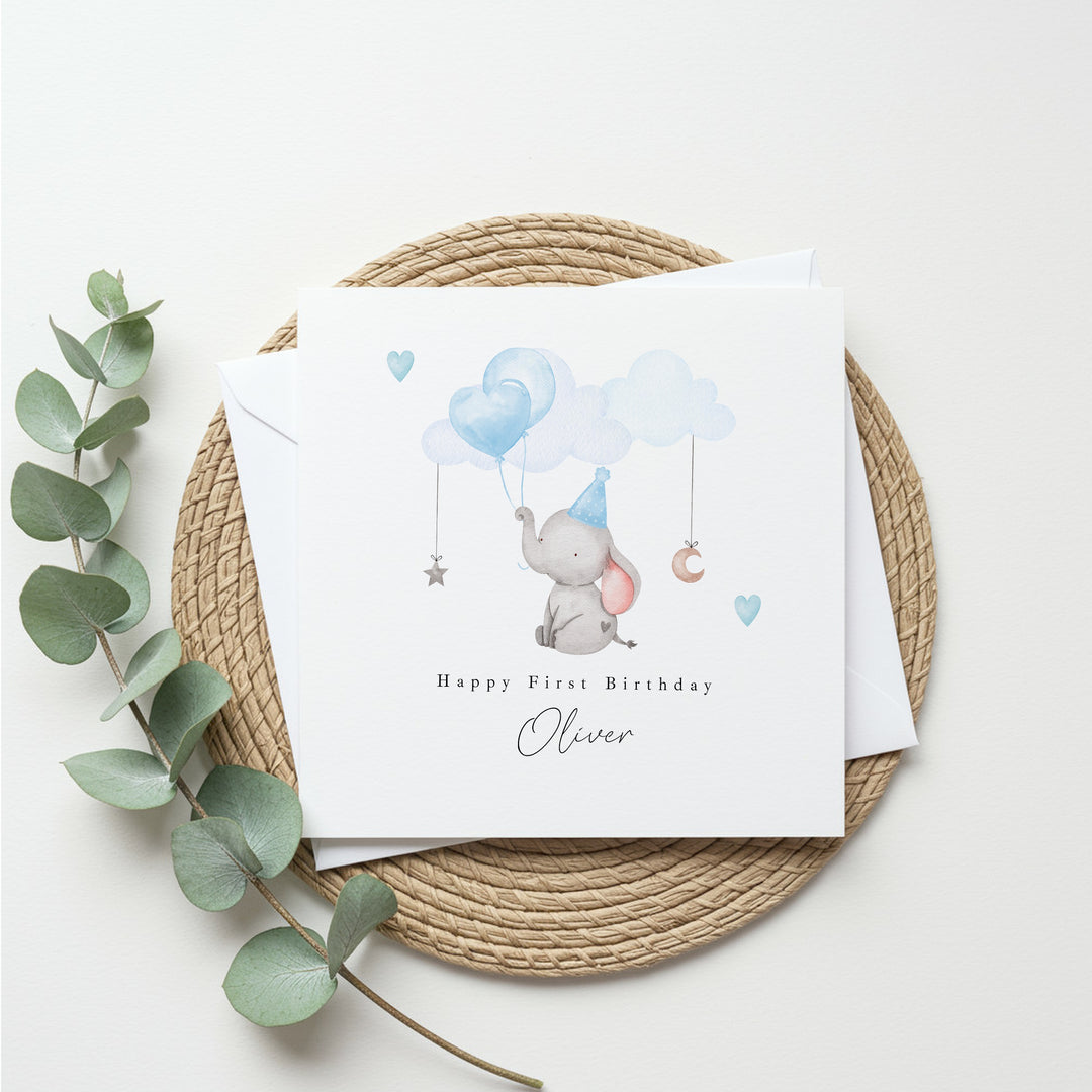 Personalised Blue Elephant Birthday Card