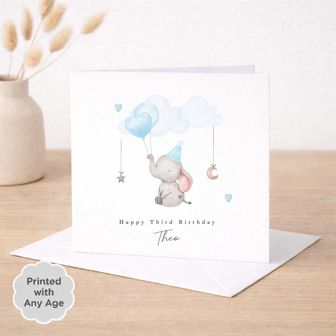 Personalised Blue Elephant Any Age Birthday Card